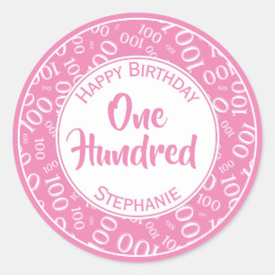 100th Birthday Number Pattern Pink and White Classic Round Sticker