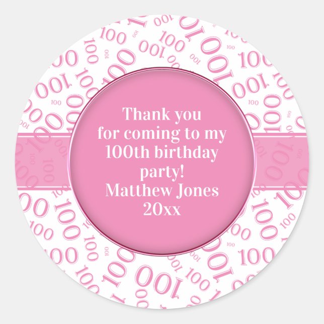 100th Birthday Number Pattern Pink/White Classic Round Sticker (Front)