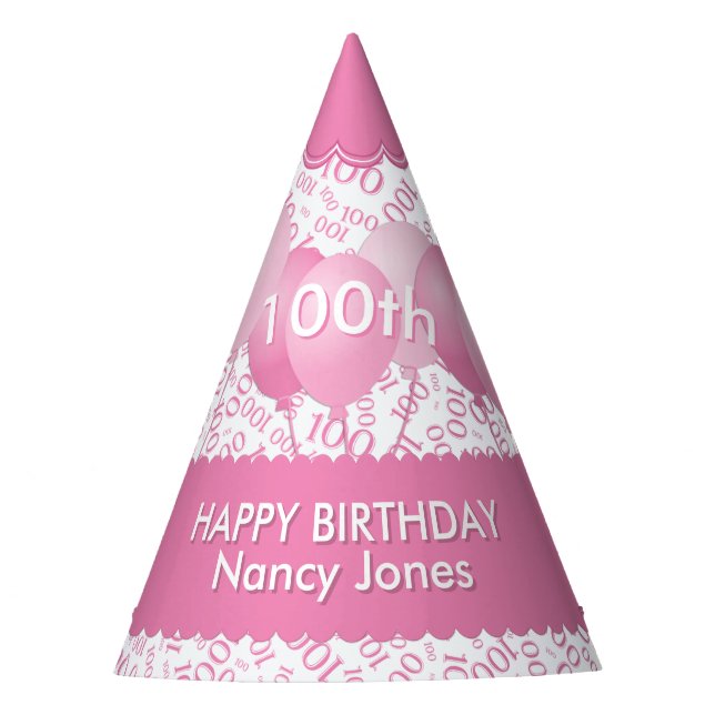 100th Birthday Number Pattern Pink/White Scallops Party Hat (Front)