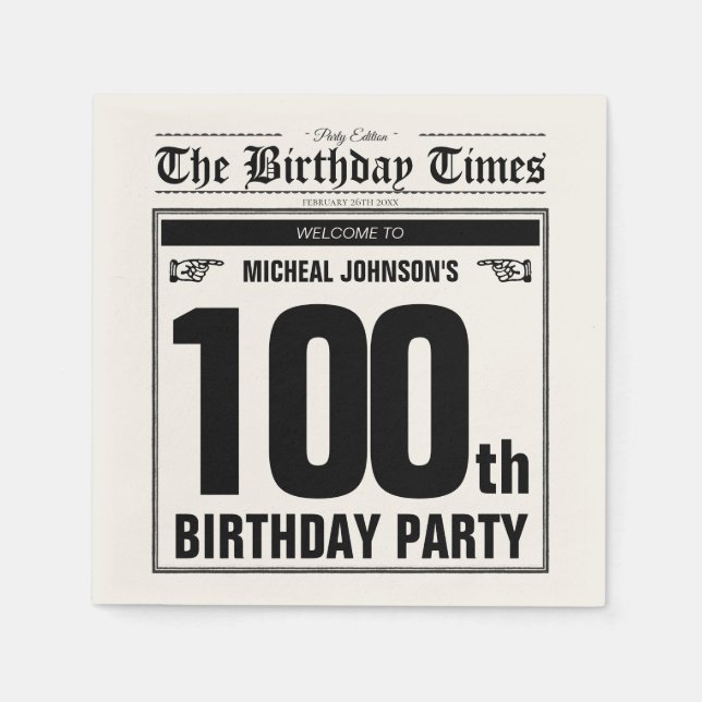 100th Birthday Old Newspaper Vintage Custom Party Napkin (Front)