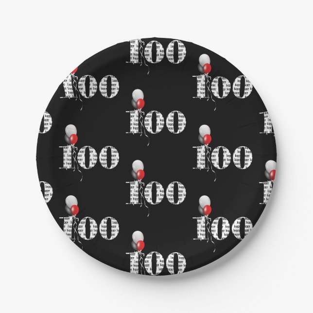 100th birthday party balloons on black paper plate (Front)