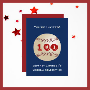 100th Birthday Party Baseball Blue and Red Invitation