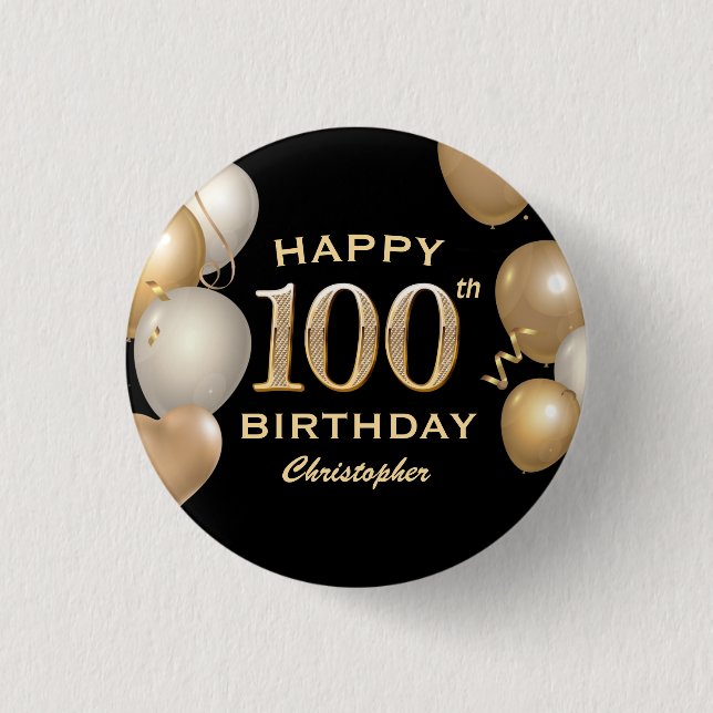 100th Birthday Party Black and Gold Balloons 1 Inch Round Button (Front)