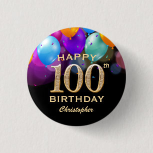 100th Birthday Party Black and Gold Balloons 1 Inch Round Button