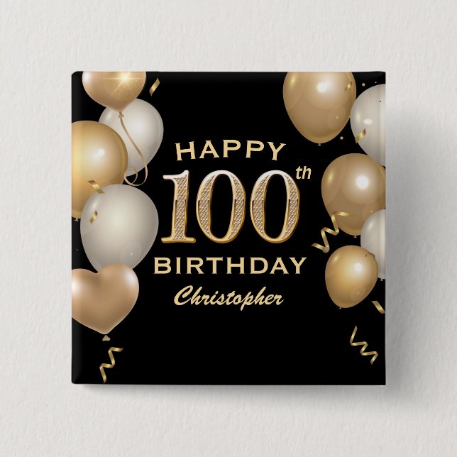 100th Birthday Party Black and Gold Balloons 2 Inch Square Button (Front)