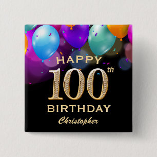 100th Birthday Party Black and Gold Balloons 2 Inch Square Button