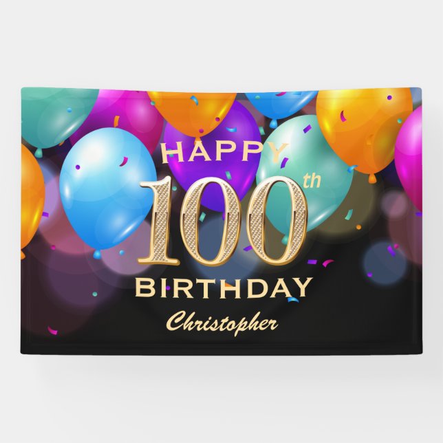 100th Birthday Party Black and Gold Balloons Banner (Horizontal)