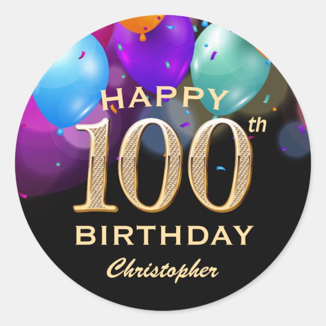 100th Birthday Party Black and Gold Balloons Classic Round Sticker (Front)