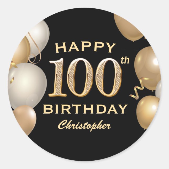 100th Birthday Party Black and Gold Balloons Classic Round Sticker (Front)