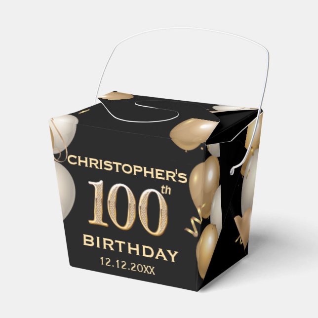 100th Birthday Party Black and Gold Balloons Favor Box (Front Side)