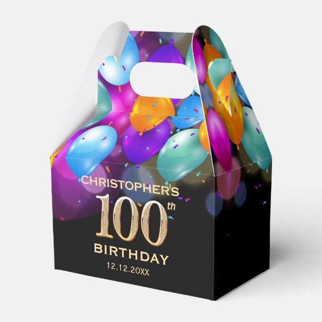 100th Birthday Party Black and Gold Balloons Favor Box (Front Side)