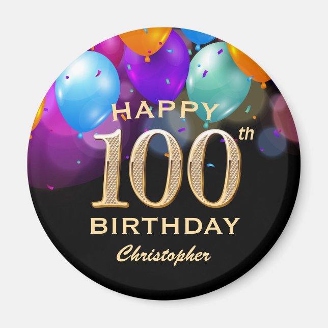 100th Birthday Party Black and Gold Balloons Magnet (Front)