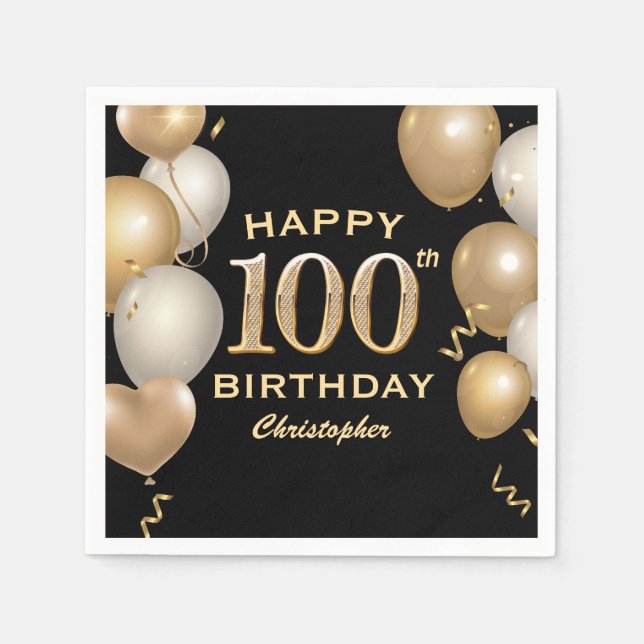 100th Birthday Party Black and Gold Balloons Napkin (Front)