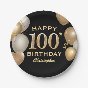 100th Birthday Party Black and Gold Balloons Paper Plate