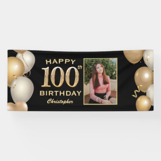 100th Birthday Party Black and Gold Balloons Photo Banner