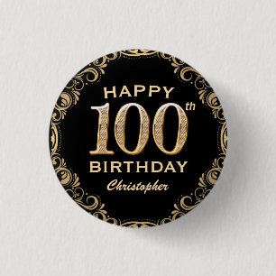 100th Birthday Party Black and Gold Glitter Frame 1 Inch Round Button