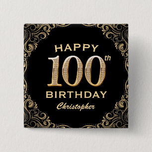 100th Birthday Party Black and Gold Glitter Frame 2 Inch Square Button