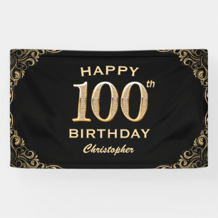 100th Birthday Party Black and Gold Glitter Frame Banner