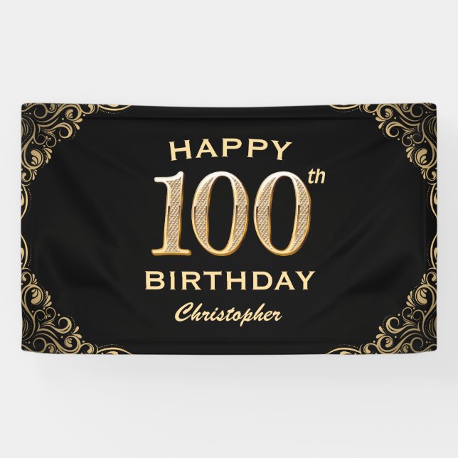 100th Birthday Party Black and Gold Glitter Frame Banner (Horizontal)