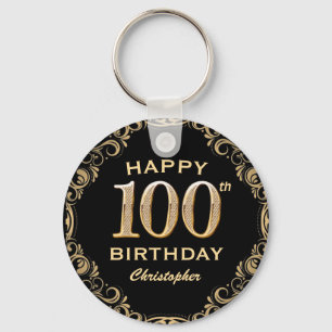 100th Birthday Party Black and Gold Glitter Frame Keychain