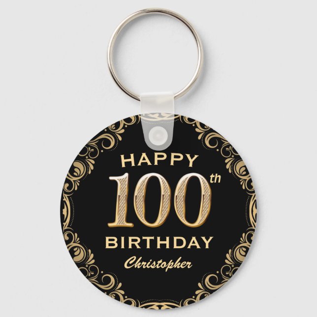 100th Birthday Party Black and Gold Glitter Frame Keychain (Front)