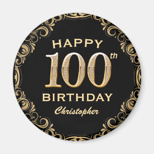100th Birthday Party Black and Gold Glitter Frame Magnet
