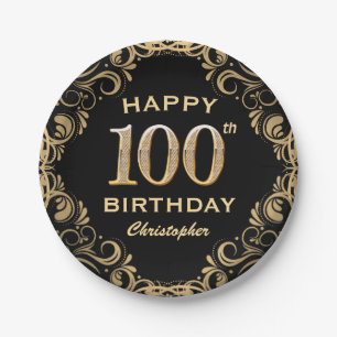 100th Birthday Party Black and Gold Glitter Frame Paper Plate