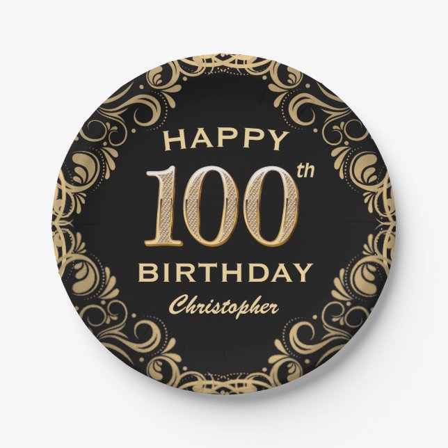100th Birthday Party Black and Gold Glitter Frame Paper Plate (Front)