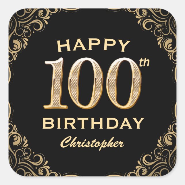 100th Birthday Party Black and Gold Glitter Frame Square Sticker (Front)