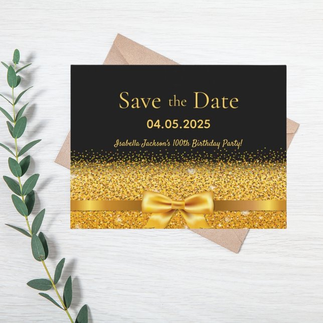 100th birthday party black gold bow save the date postcard (Creator Uploaded)