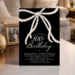 100th Birthday Party Black White Pearl Bow Invitation