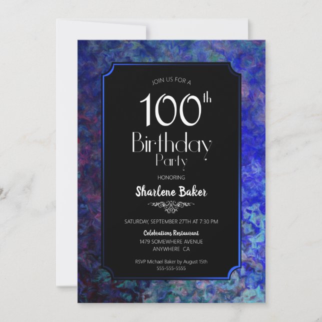 100th Birthday Party Black with Blue Border Invitation (Front)