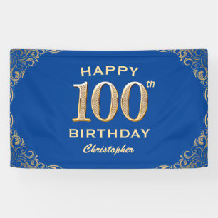 100th Birthday Party Blue and Gold Glitter Frame Banner
