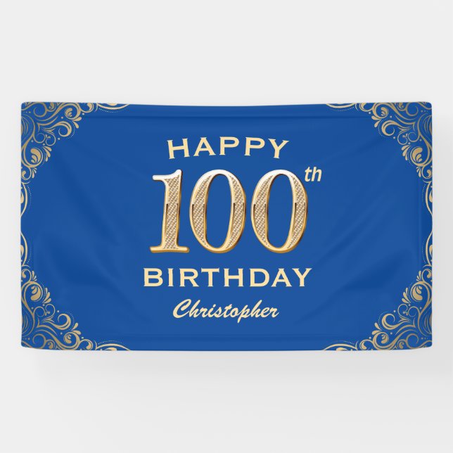100th Birthday Party Blue and Gold Glitter Frame Banner (Horizontal)