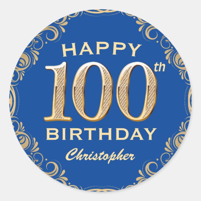 100th Birthday Party Blue and Gold Glitter Frame Classic Round Sticker (Front)