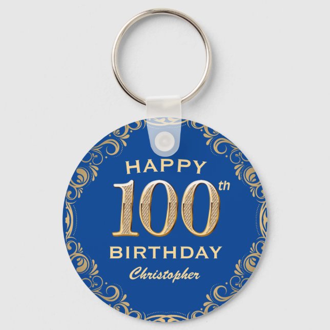 100th Birthday Party Blue and Gold Glitter Frame Keychain (Front)