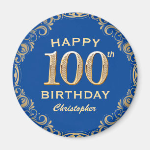 100th Birthday Party Blue and Gold Glitter Frame Magnet