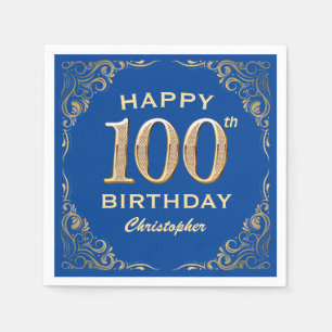 100th Birthday Party Blue and Gold Glitter Frame Napkin