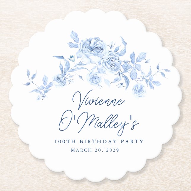 100th Birthday Party Blue Rose Floral Custom Paper Coaster (Front)