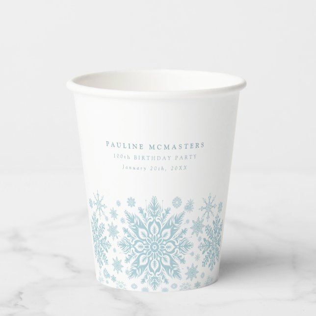 100th Birthday Party Blue White Snowflake Custom Paper Cups (Front)