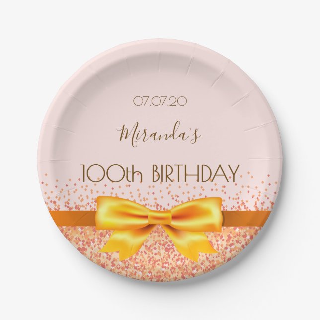 100th birthday party blush rose gold elegant bow paper plate (Front)