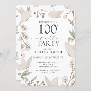100th Birthday Party Butterflies Floral Neutral Invitation