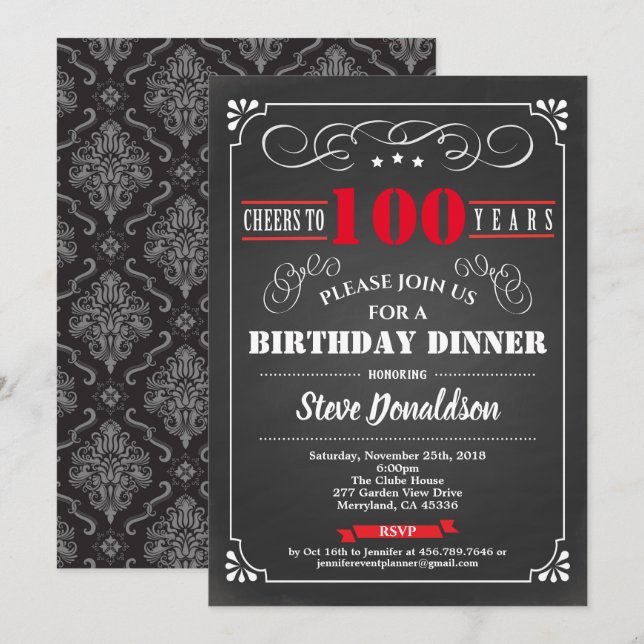 100th birthday party chalkboard retro red black invitation (Front/Back)