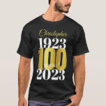 100th Birthday Party Custom Dates T-Shirt<br><div class="desc">A bold and striking 100th birthday party tshirt. This special milestone birthday shirt consists of birth and birthday date in white typography - with the 100 age highlighted in a gold effect font.  Add a name for a custom gift or special party attire.</div>