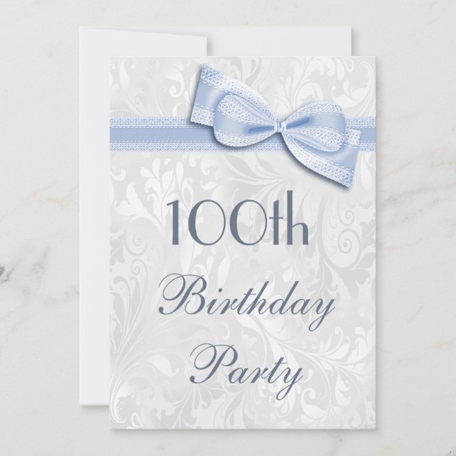 100th Birthday Party Damask and Faux Bow Invitation (Front)