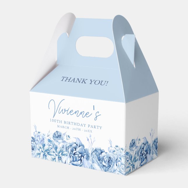 100th Birthday Party Dusty Blue Rose Floral Favor Box (Front Side)