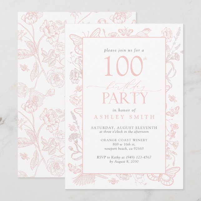 100th Birthday Party Elegant Blush Pink Floral Invitation (Front/Back)