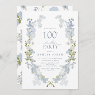 100th Birthday Party Elegant Dusty Blue Floral Invitation