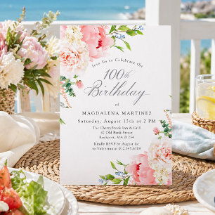 100th Birthday Party Feminine Pink Roses Floral Invitation