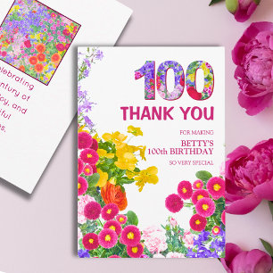 100th Birthday Party Floral Flowers Modern 100 Thank You Card